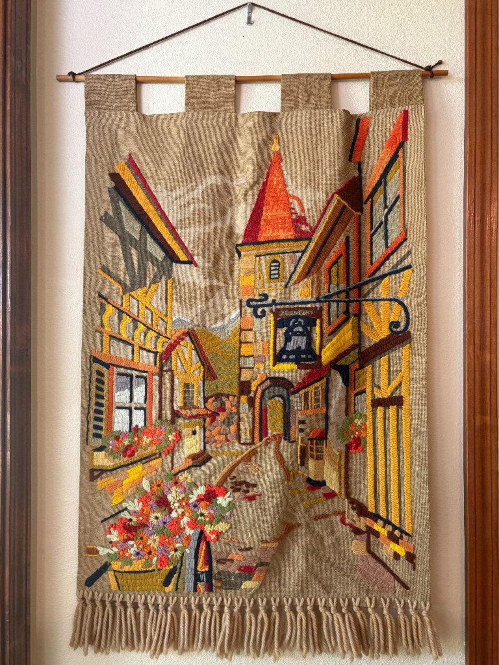 Vintage 1960s - 70s Handmade Wall Tapestry European Town Scene Crewel Embroidery